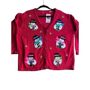 Vintage Women's Christmas Embroidered Snowman Knit Cardigan Red Size XL